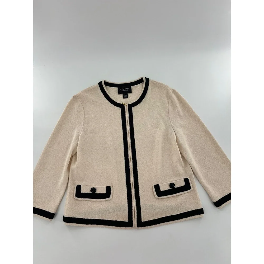 St. John Caviar Cream Black Contrast Trim Wool Knit Zip Front Jacket Old Money 8